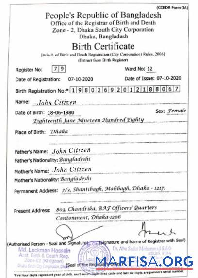 Downloadable Bangladesh Office of registrar of birth and death birth certificate sample